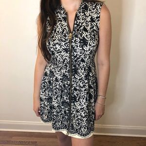 Black and White Lace Patterned Full Zipper Dress